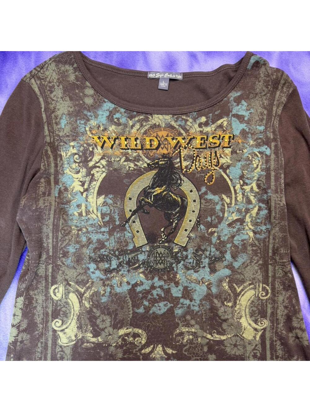 Suzie couture wild west days long sleeve brown top with rhinestone details